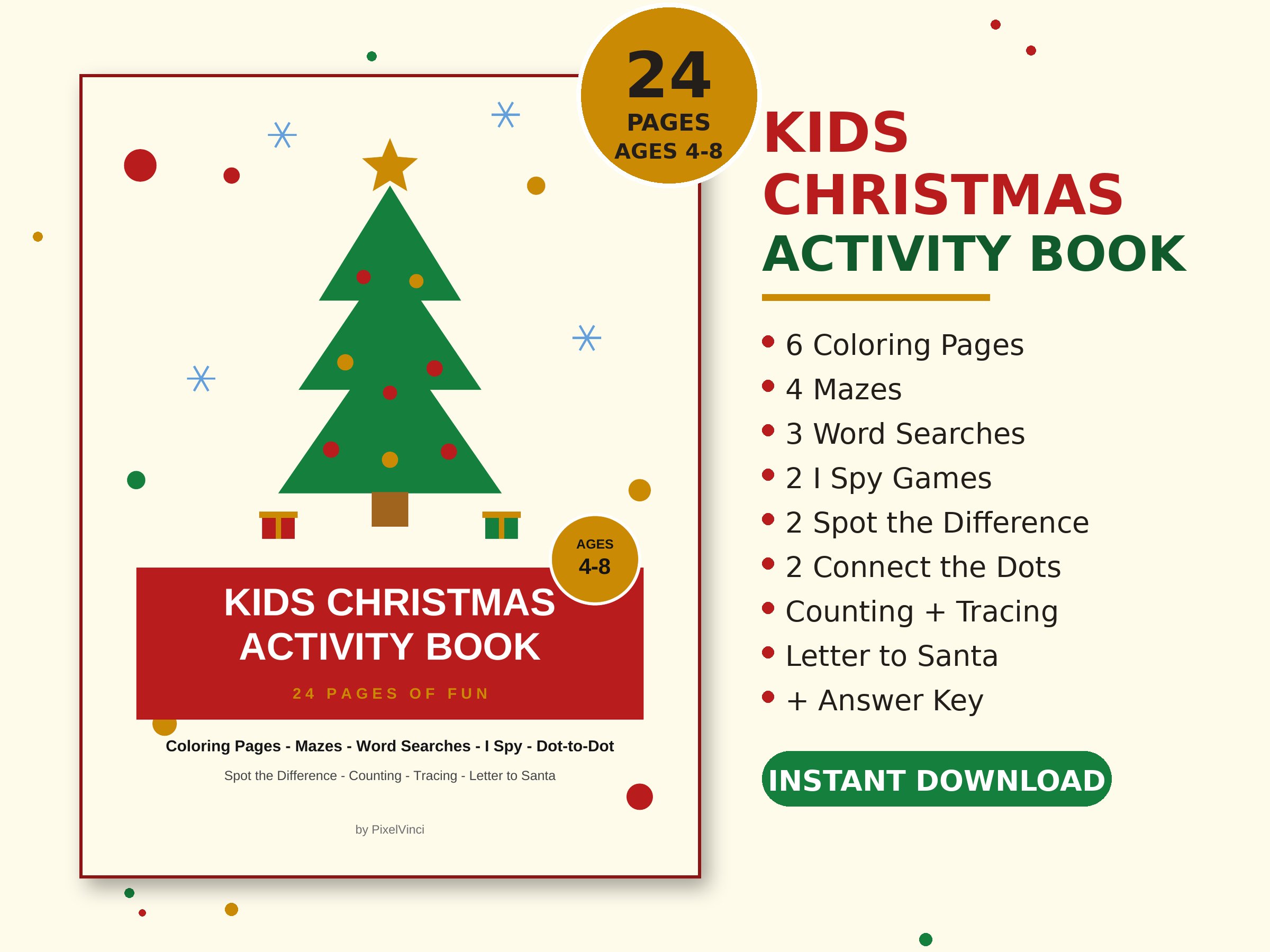 Kids Christmas Activity Book — 24 pages of coloring, mazes, word searches and I Spy games for ages 4-8
